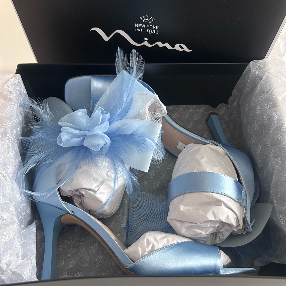 Nina Light Blue Satin Heels with Floral & Feather Accent 9.5